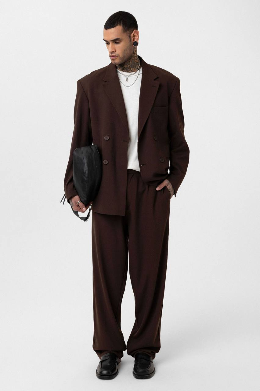 Vamos Oversized Relaxed Double Breasted Blazer Jacket with Pants in Brown