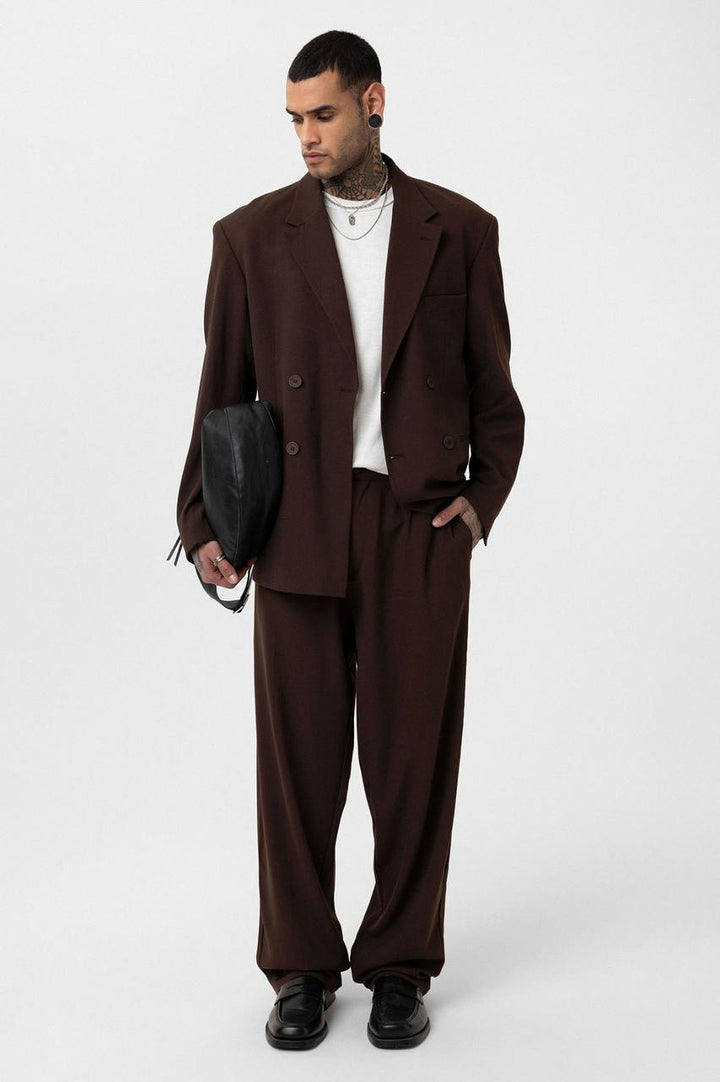 Vamos Oversized Relaxed Double Breasted Blazer Jacket with Pants in Brown