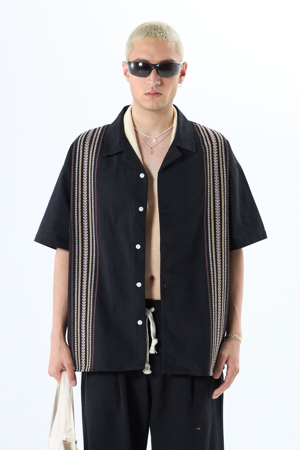 GARM ISLAND EMBROIDERED POCKETLESS SHORT SLEEVE OVERSIZE LINEN SHIRT BLACK