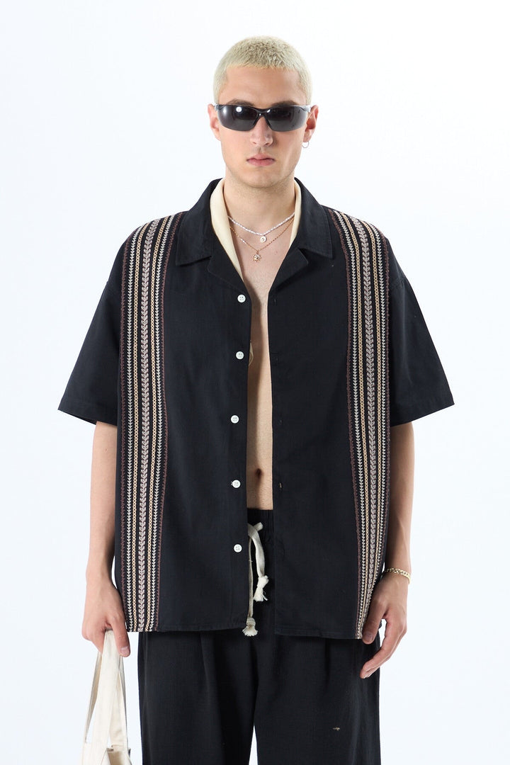 GARM ISLAND EMBROIDERED POCKETLESS SHORT SLEEVE OVERSIZE LINEN SHIRT BLACK