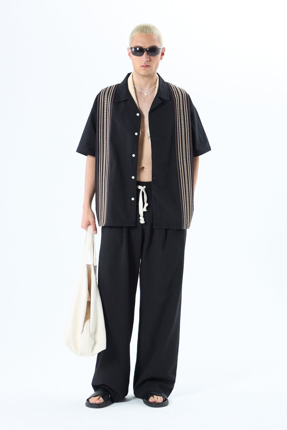 GARM ISLAND EMBROIDERED POCKETLESS SHORT SLEEVE OVERSIZE LINEN SHIRT BLACK