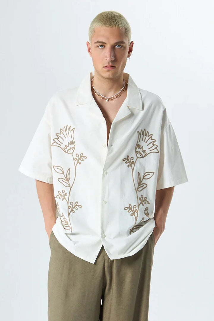 GARM ISLAND FLORAL EMBROIDERED LINEN SHIRT IN WHITE