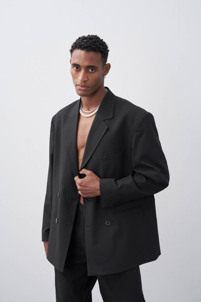Vamos Oversized Relaxed Double Breasted Blazer Jacket with Pants in Black