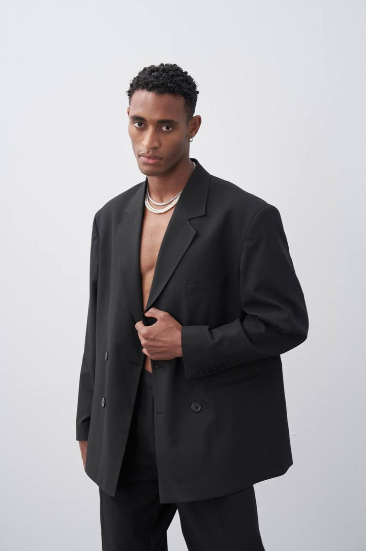 Vamos Oversized Relaxed Double Breasted Blazer Jacket with Pants in Black