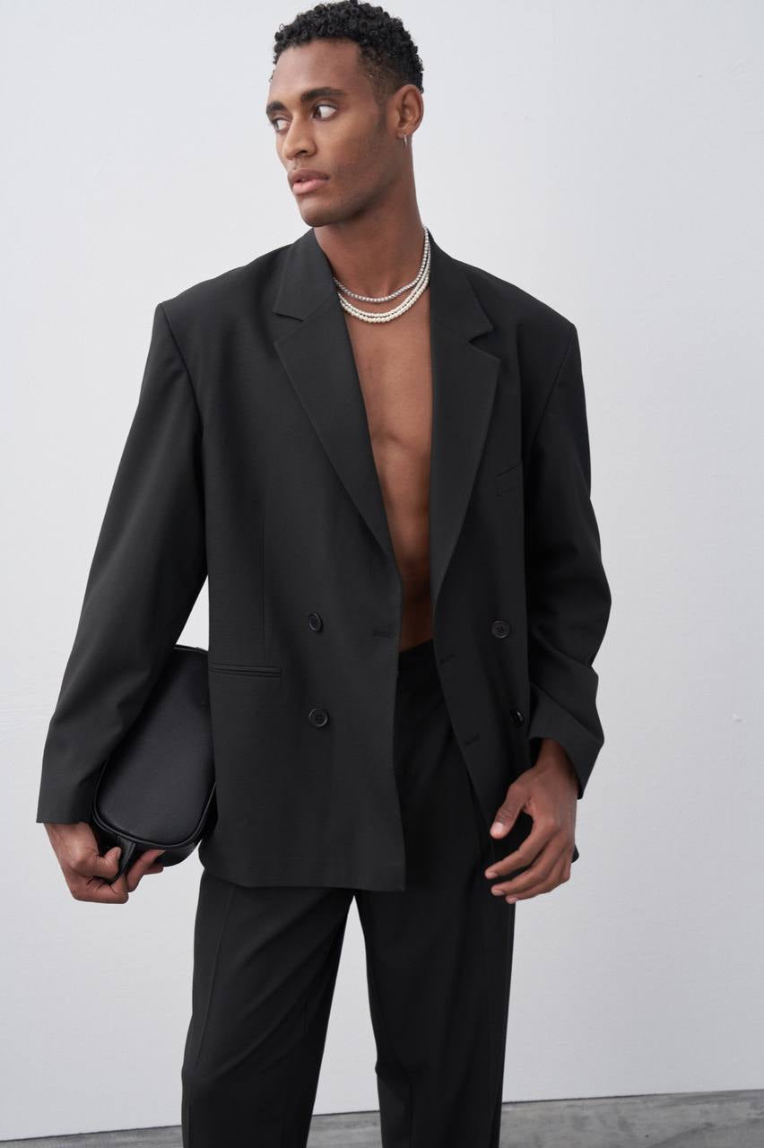 Vamos Oversized Relaxed Double Breasted Blazer Jacket with Pants in Black
