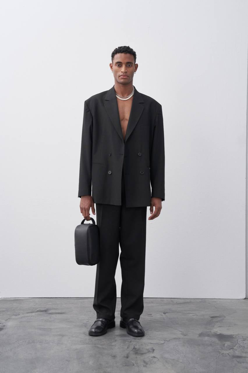 Vamos Oversized Relaxed Double Breasted Blazer Jacket with Pants in Black