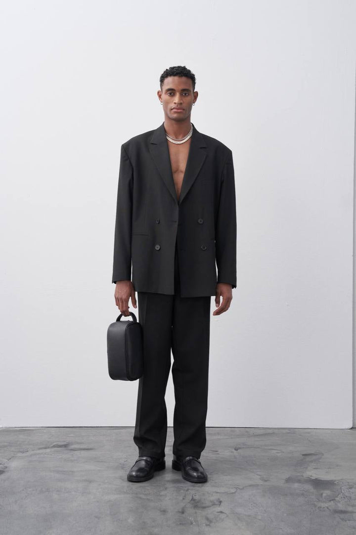 Vamos Oversized Relaxed Double Breasted Blazer Jacket with Pants in Black