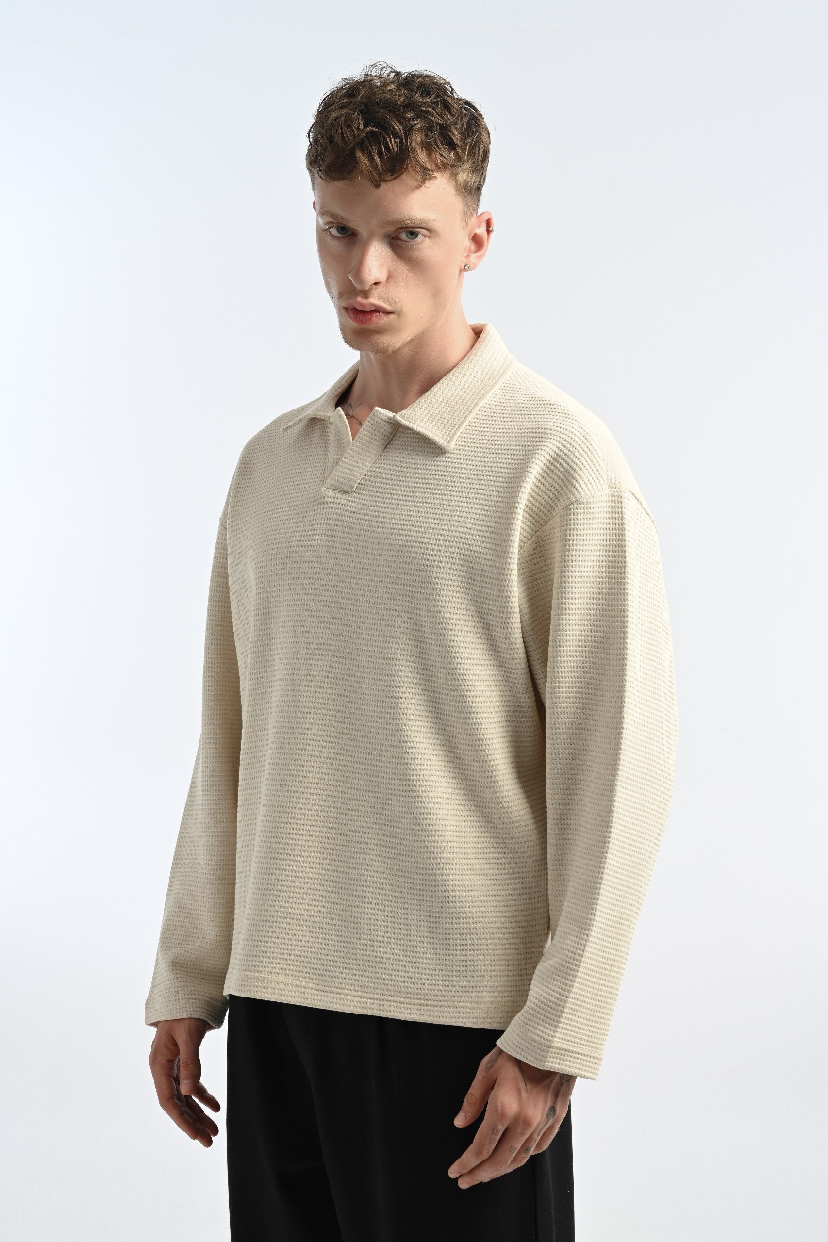 25-12 Waffle Polo Longsleeve in Beige