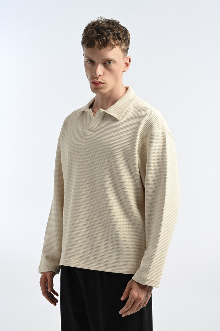 25-12 Waffle Polo Longsleeve in Beige