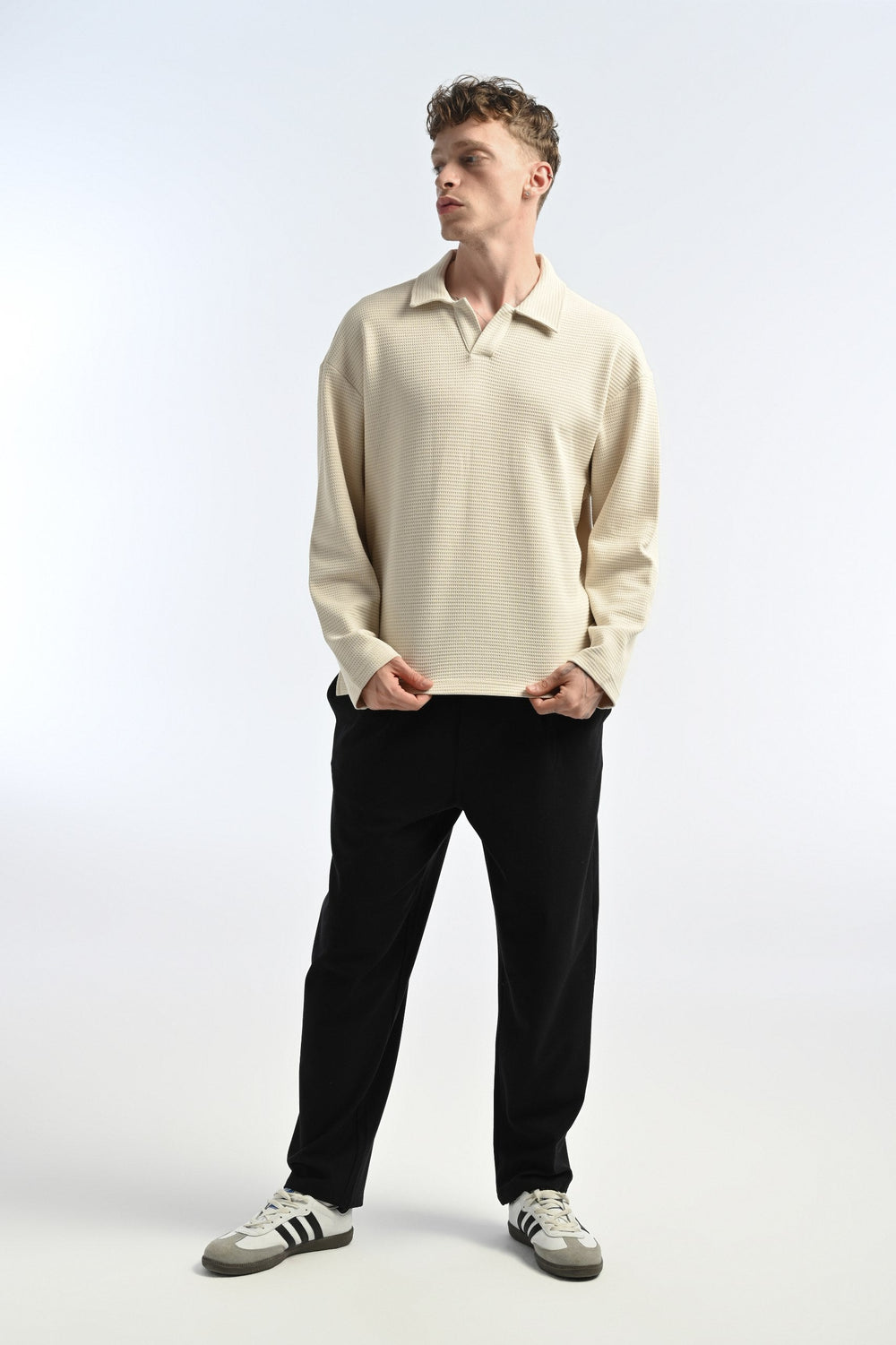25-12 Waffle Polo Longsleeve in Beige
